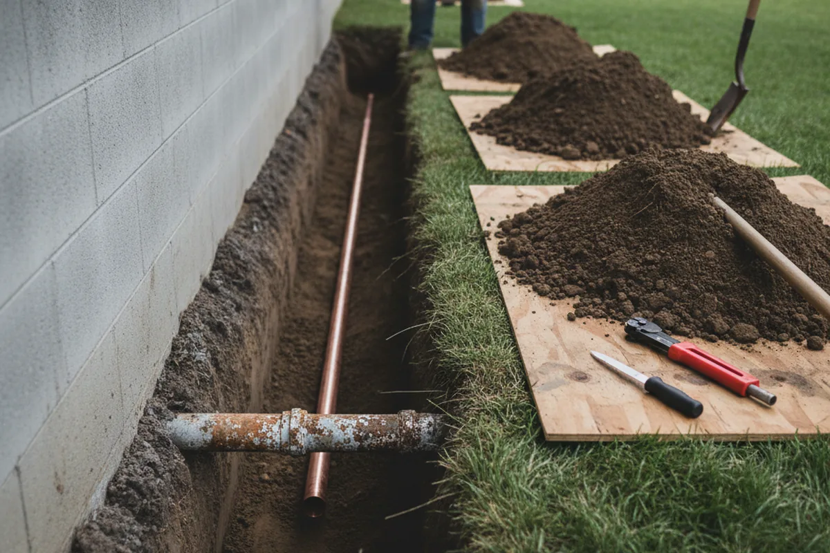 Excavated water line trench during Water Softener Installation in La Fayette